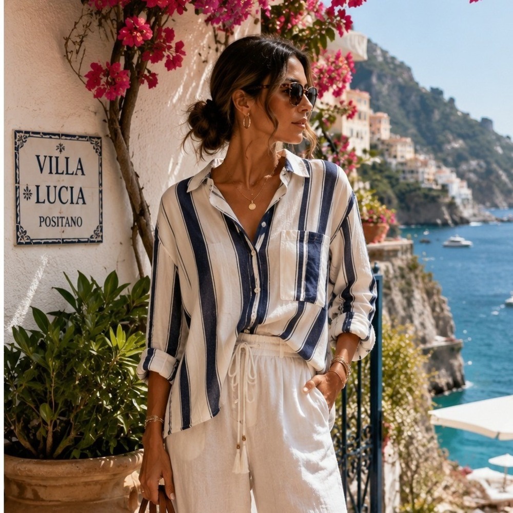 Rain + Rose Blue White Striped Linen Blend Roll Tab Sleeve Blouse Top XL